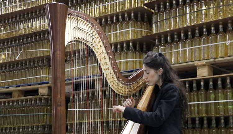 Raïmat acull un concert d’arpa i botellòfon en un auditori d’ampolles de vidre d’obra efímera